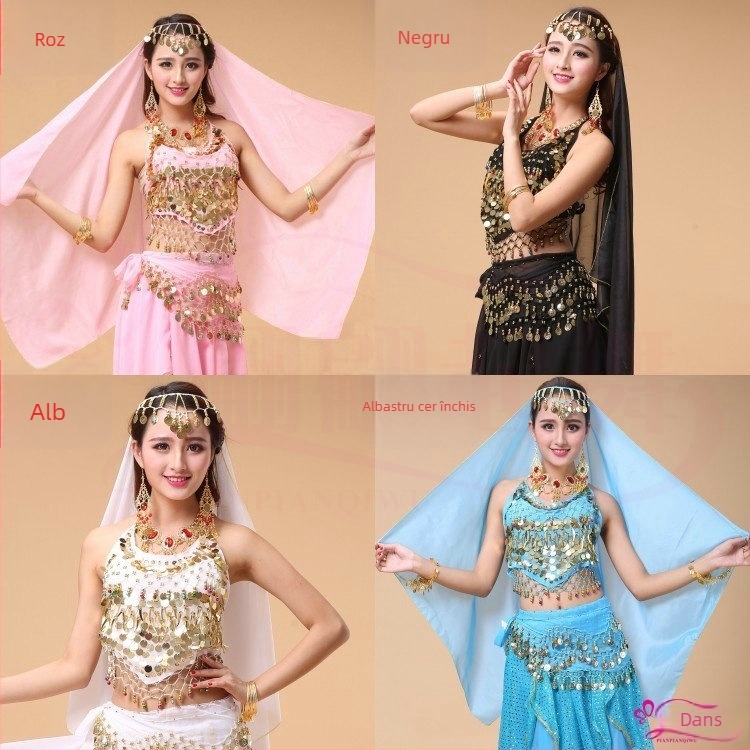 Accesoriu pentru dansul belly dance cu monede atârnate, eșarfă chiffon, țesătură din poliester