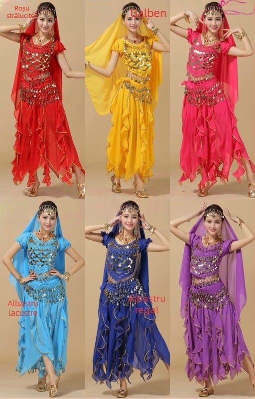 Costum de dans indian pentru spectacol – set cu top cu mâneci scurte și fustă, material acrilic