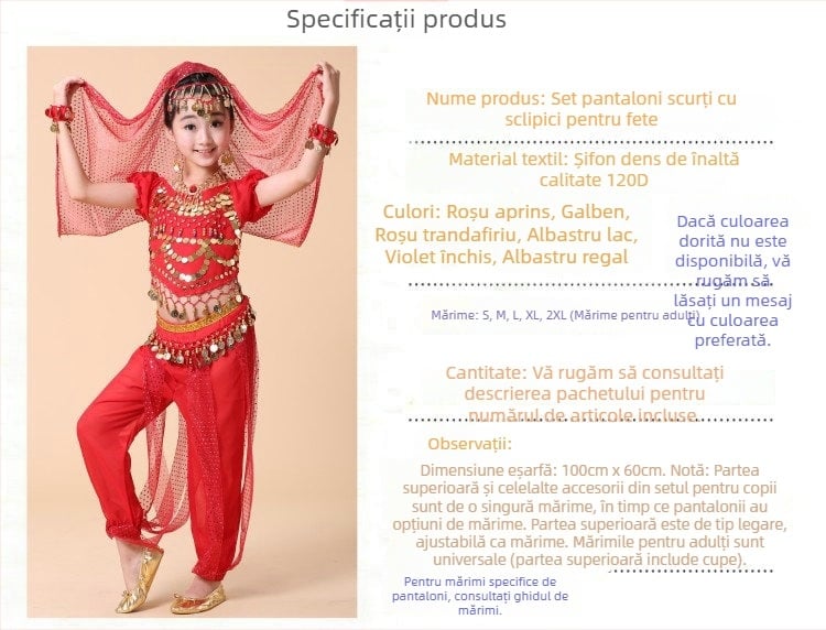Set de costume Belly Dance pentru copii – pentru fete, dans indian, ținută de spectacol și îmbrăcăminte de antrenament