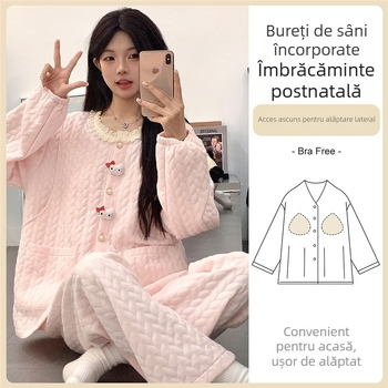 Set pijama maternitate cu pernițe pentru sân — stil cardigan, material air cotton, mâneci lungi, pantaloni, 201–250 g/m²