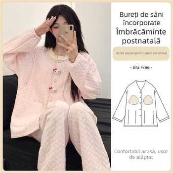 Set pijama maternitate cu pernițe pentru sân — stil cardigan, material air cotton, mâneci lungi, pantaloni, 201–250 g/m²