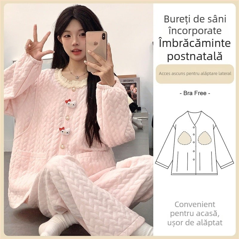 Set pijama maternitate cu pernițe pentru sân — stil cardigan, material air cotton, mâneci lungi, pantaloni, 201–250 g/m²