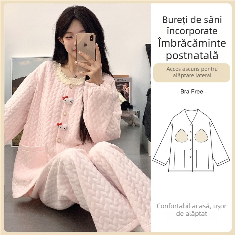 Set pijama maternitate cu pernițe pentru sân — stil cardigan, material air cotton, mâneci lungi, pantaloni, 201–250 g/m²