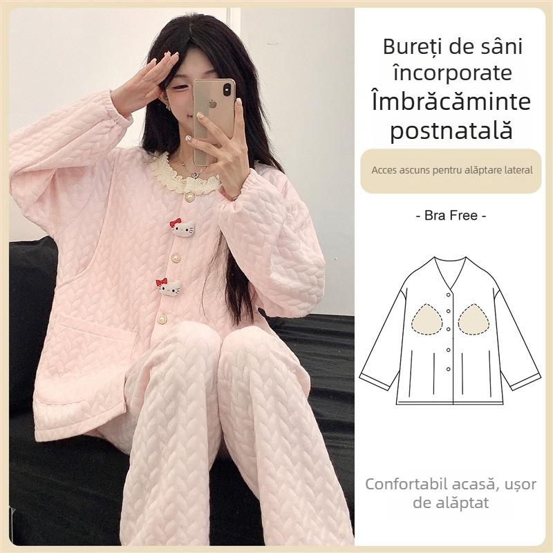 Set pijama maternitate cu pernițe pentru sân — stil cardigan, material air cotton, mâneci lungi, pantaloni, 201–250 g/m²