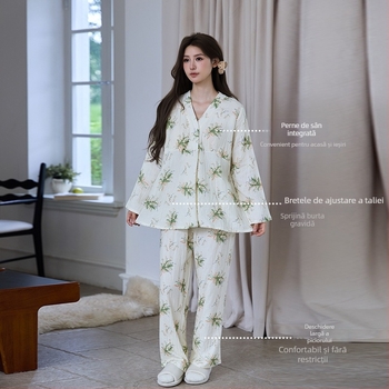 Set de haine pentru maternitate și alăptare, stil pastoral, 100% bumbac, țesătură dublă din muselină, guler în V, mâneci lungi, pantaloni