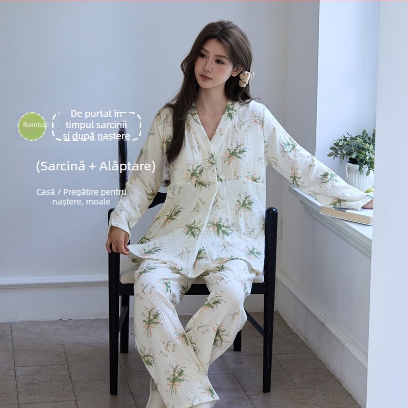 Set de haine pentru maternitate și alăptare, stil pastoral, 100% bumbac, țesătură dublă din muselină, guler în V, mâneci lungi, pantaloni