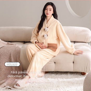 Set de pijamale pentru maternitate, toamnă‑iarnă, țesătură semi-velur, grosime extra 301–350 g/m², top cu decolteu în V și pantaloni, pentru alăptare, haine de casă