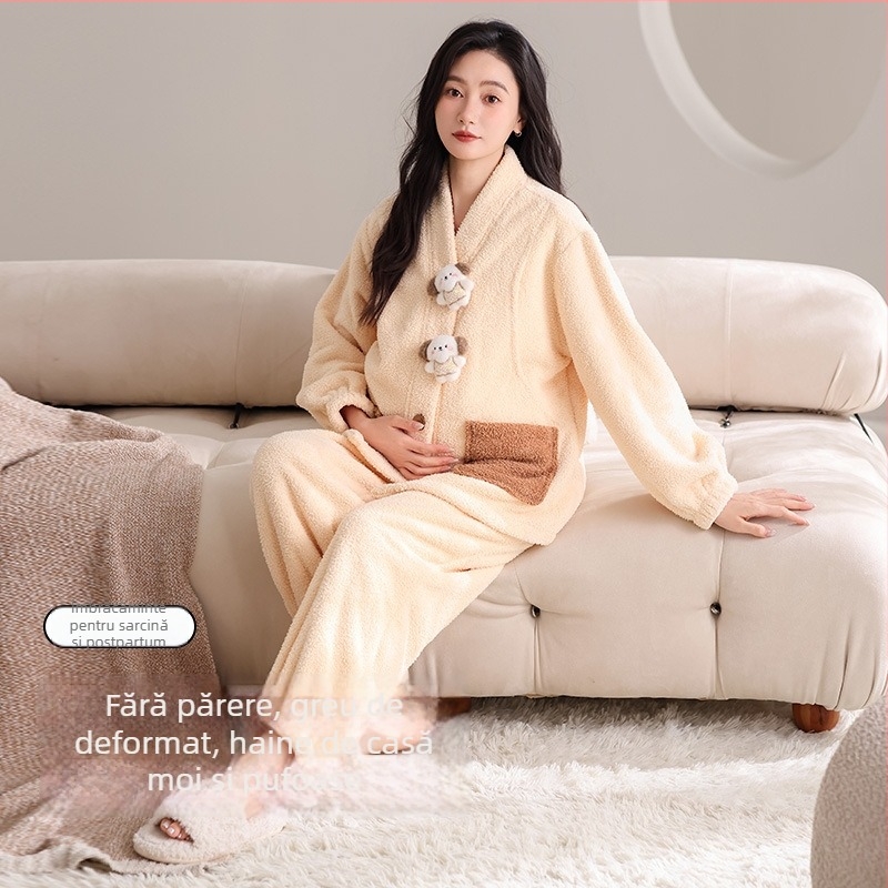 Set de pijamale pentru maternitate, toamnă‑iarnă, țesătură semi-velur, grosime extra 301–350 g/m², top cu decolteu în V și pantaloni, pentru alăptare, haine de casă