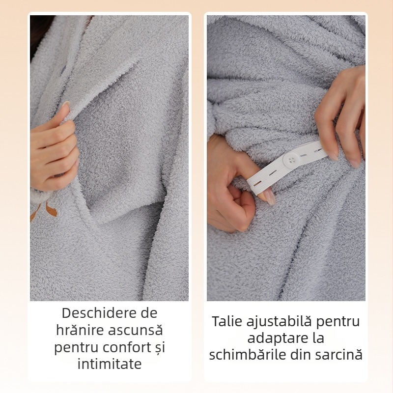 Set de pijamale pentru maternitate, toamnă‑iarnă, țesătură semi-velur, grosime extra 301–350 g/m², top cu decolteu în V și pantaloni, pentru alăptare, haine de casă