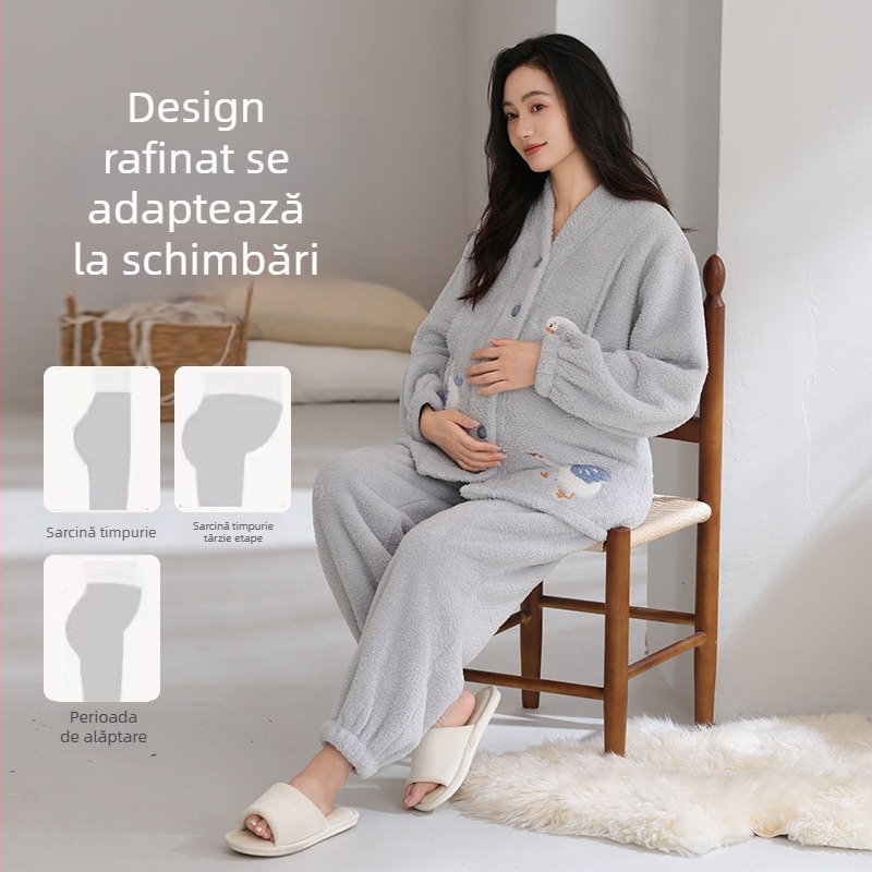 Set de pijamale pentru maternitate, toamnă‑iarnă, țesătură semi-velur, grosime extra 301–350 g/m², top cu decolteu în V și pantaloni, pentru alăptare, haine de casă