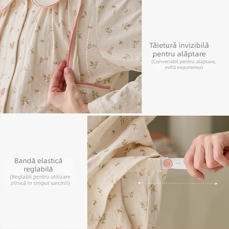 Costum de maternitate pentru alăptare din bumbac – mâneci lungi, pantaloni, stil minimalist casual, 95–100% bumbac