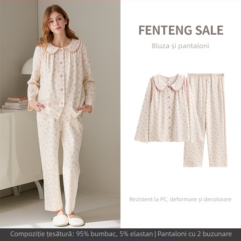 Costum de maternitate pentru alăptare din bumbac – mâneci lungi, pantaloni, stil minimalist casual, 95–100% bumbac