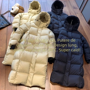Jachetă de damă cu puf de rață, croială lungă, izolație groasă, umplere 201–300 g, țesătură poliester amestecată