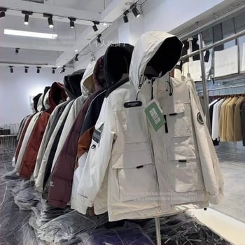 Geacă de iarnă pentru bărbați, cu umplutură de puf de rață, croială lejeră, glugă, fermoar, conținut puf 91–95%