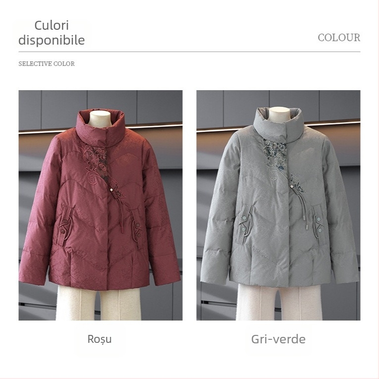 Jachetă de iarnă pentru femei cu guler înalt, croială lejeră, broderie, umplutură din puf și bumbac, poliester 95%+