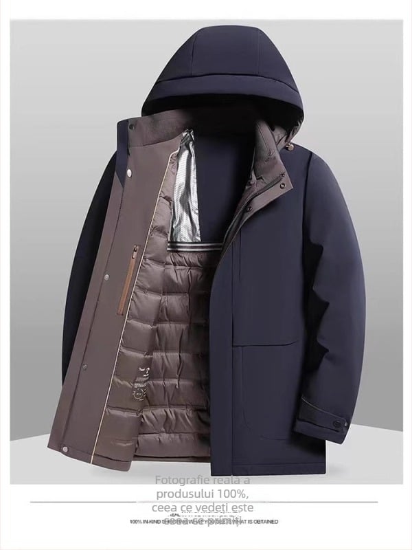 Geacă de iarnă pentru bărbați cu glugă, umplutură din puf de rață alb, 550 putere de umplere, 50–75 g umplere, exterior Nylon/Spandex