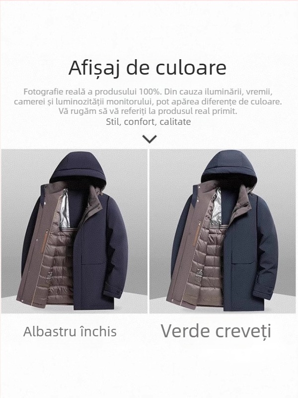 Geacă de iarnă pentru bărbați cu glugă, umplutură din puf de rață alb, 550 putere de umplere, 50–75 g umplere, exterior Nylon/Spandex