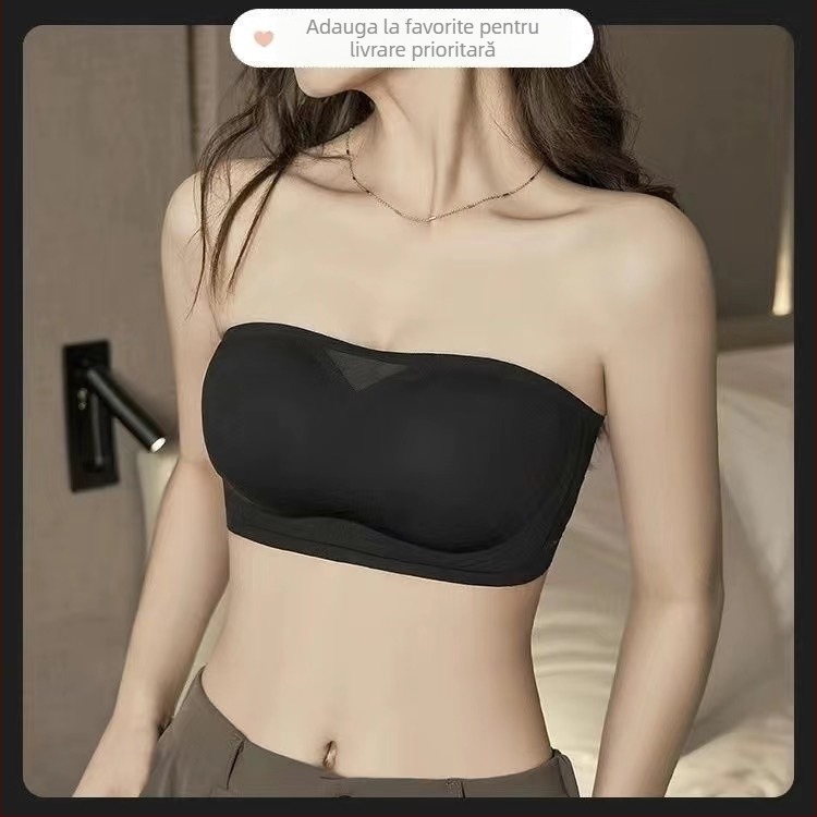 Sutien fără bretele, tip tub, din nylon, cupă completă, cupe modelate subțiri, închidere din spate cu trei rânduri de cârlige