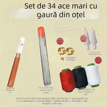 Set de ace de tricotat, 34 de piese, portabil, din oțel inoxidabil