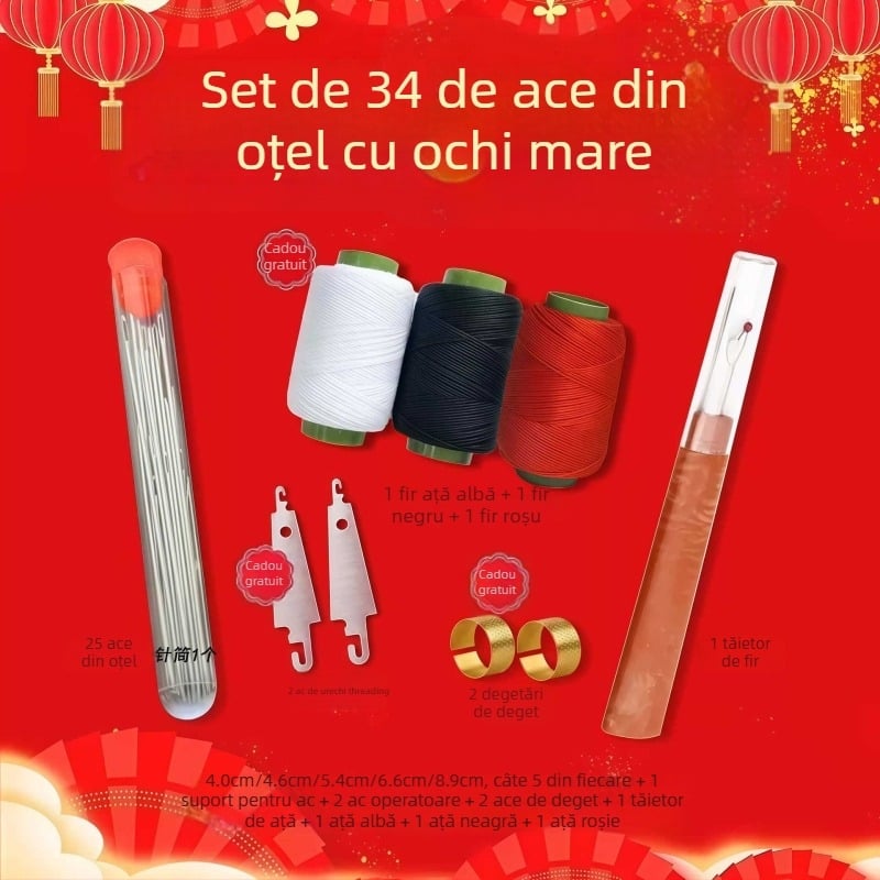 Set de ace de tricotat, 34 de piese, portabil, din oțel inoxidabil