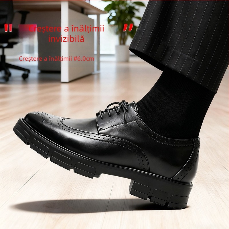 Pantofi bărbați din piele, perforați, respirabili, cu creștere internă a înălțimii, confortabili, stil business-casual