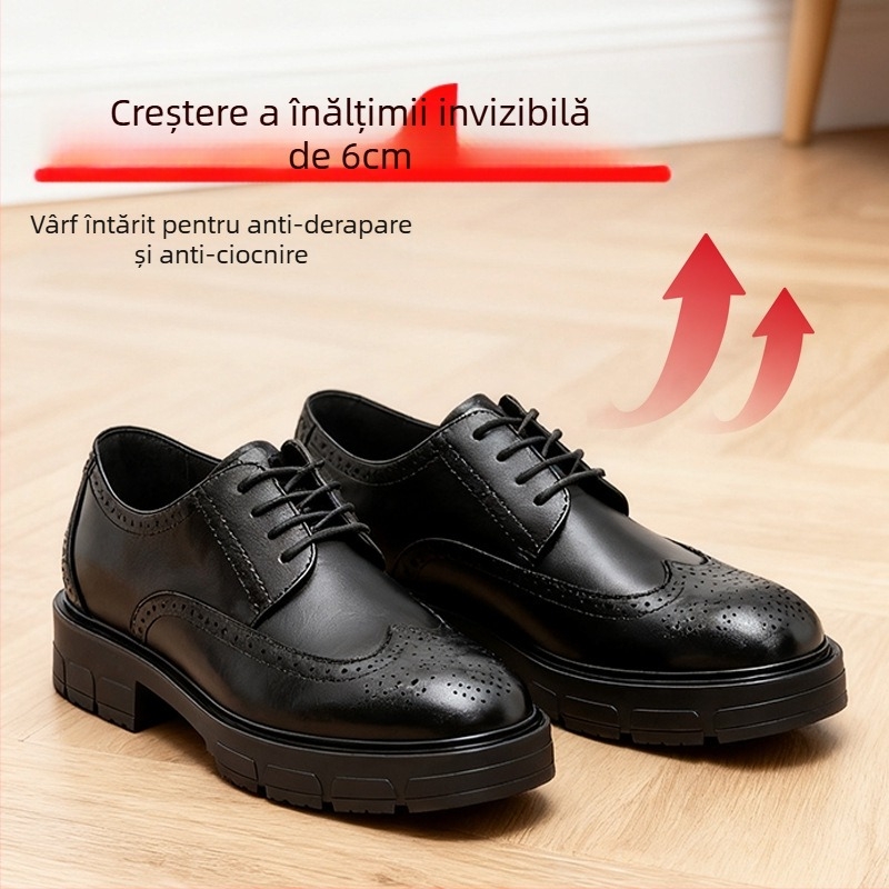 Pantofi bărbați din piele, perforați, respirabili, cu creștere internă a înălțimii, confortabili, stil business-casual