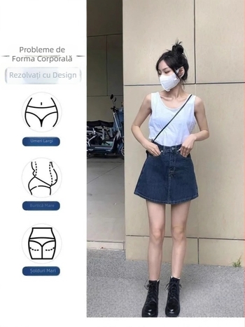 Fustă-pantalon din denim pentru femei — talie înaltă, croială A, amestec de bumbac 30-50%, vara 2025