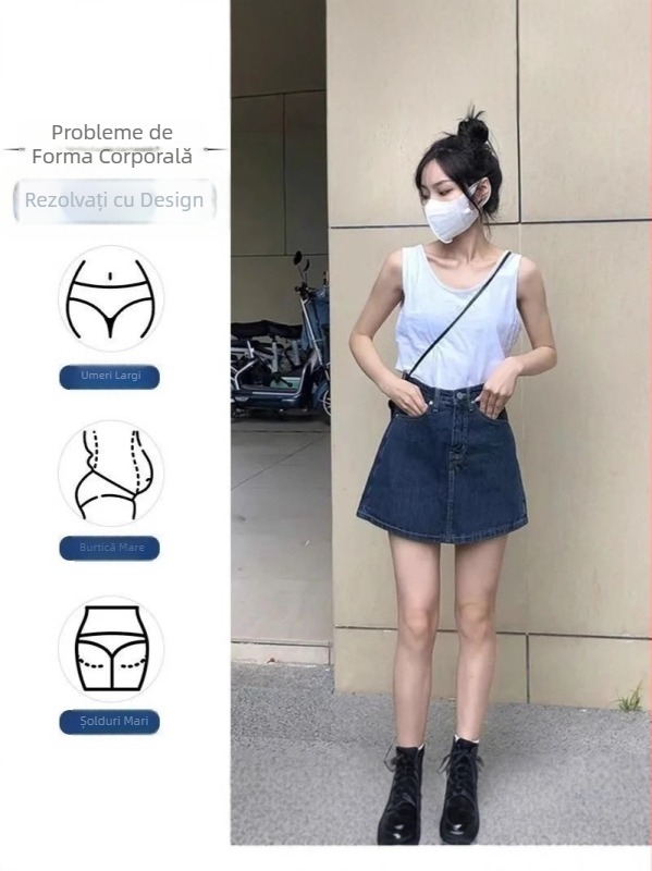 Fustă-pantalon din denim pentru femei — talie înaltă, croială A, amestec de bumbac 30-50%, vara 2025