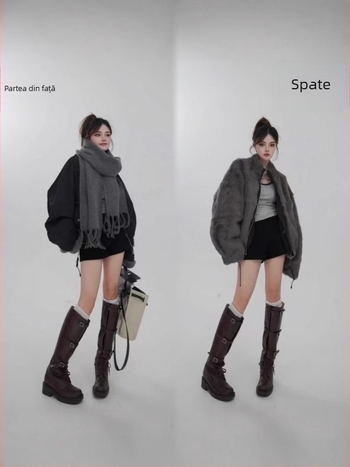 Parka reversibilă din blană de iepure, blană naturală, croială lejeră, stil motociclist