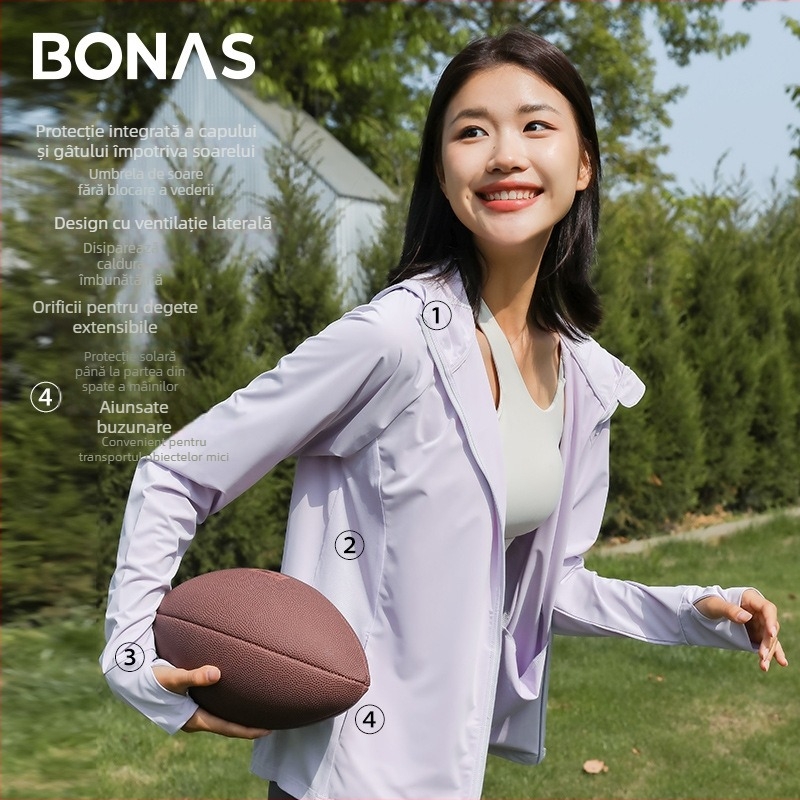 Bluza de protecție UV UPF50+ pentru femei, respirabilă, ultra-ușoară, cu glugă, poliester