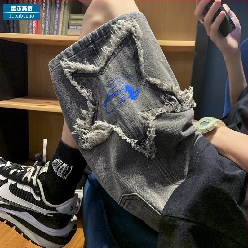 Șort denim pentru bărbați, cu fermoar, model cu stele, croială dreaptă, 65% bumbac