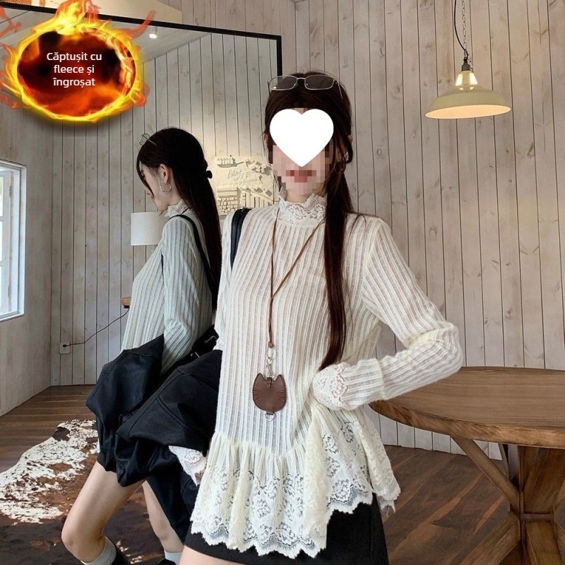 Top din dantelă cu mâneci lungi pentru femei, guler rotund, mâneci prințesă, lungime medie, amestec poliester-spandex