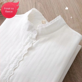 Cămașă pentru femei în stil coreean pentru toamnă–iarna, căptușită cu fleece, mâneci lungi, detalii din dantelă, guler înalt, alb, piesă de bază