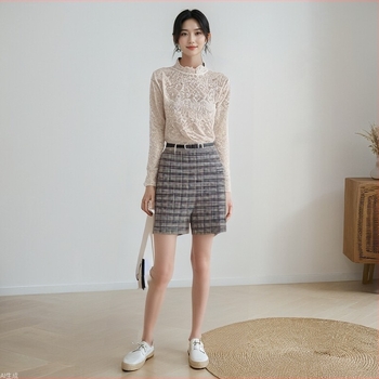 Top din dantelă pentru femei, broderie și plasă, guler semi-înalt, mâneci lungi, top de bază - 940188