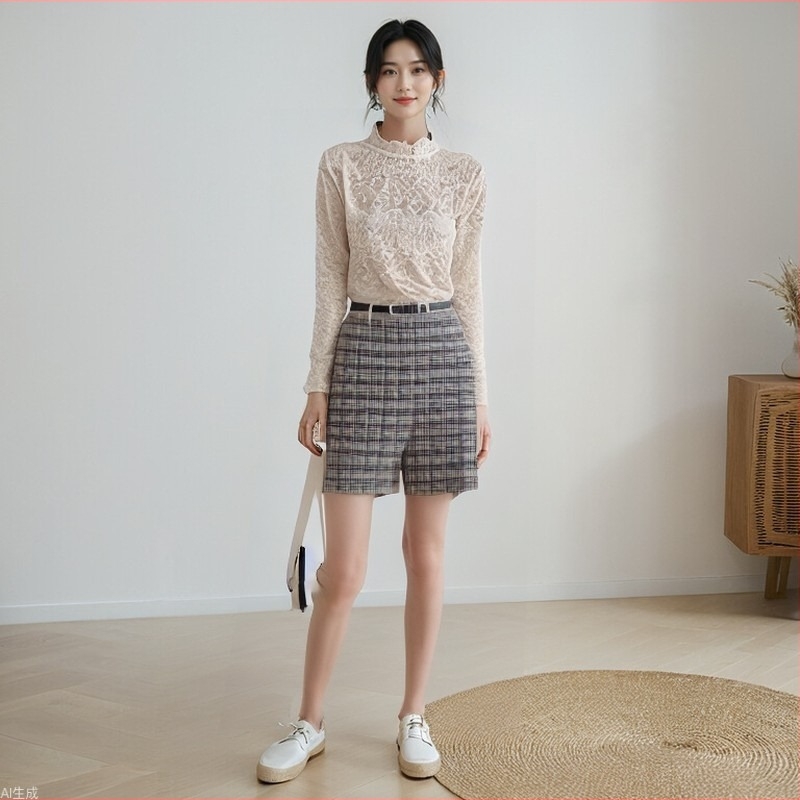 Top din dantelă pentru femei, broderie și plasă, guler semi-înalt, mâneci lungi, top de bază - 940188