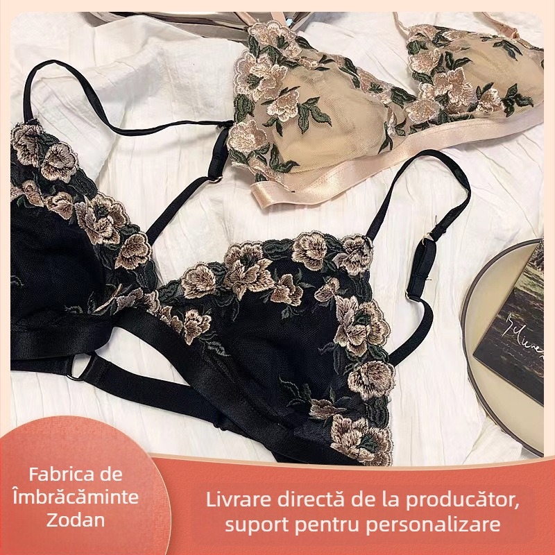 Set de sutiene din dantelă cu cupe triunghiulare, broderie, cupe ultra-subțiri, stil francez, material poliester