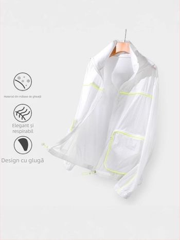 Jachetă cu glugă pentru vară - țesătură subțire, nailon ca material principal, imprimare cu peisaj natural, croială lejeră, fermoar frontal