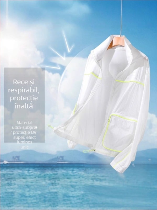 Jachetă cu glugă pentru vară - țesătură subțire, nailon ca material principal, imprimare cu peisaj natural, croială lejeră, fermoar frontal