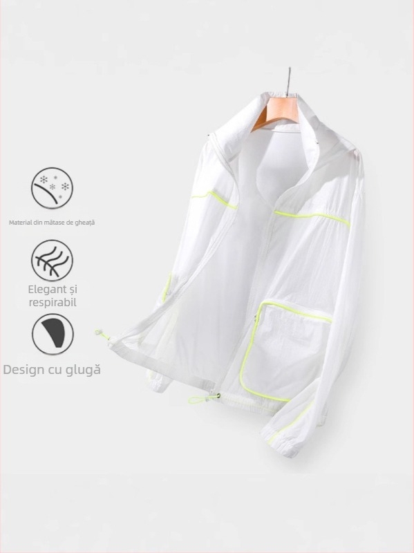 Jachetă cu glugă pentru vară - țesătură subțire, nailon ca material principal, imprimare cu peisaj natural, croială lejeră, fermoar frontal