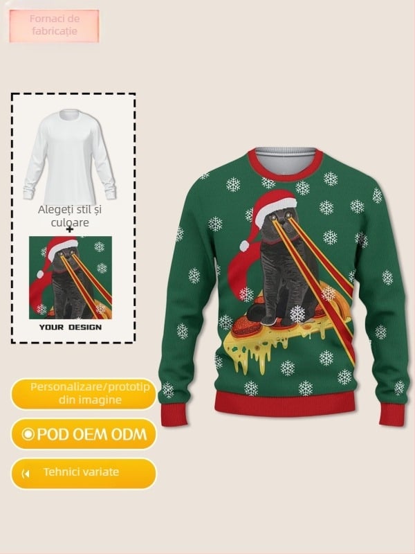 Pulover tricotat personalizat cu imprimare 3D completă, guler rotund, mâneci lungi, croială lejeră, respirabil, rezistență înaltă la culoare, 95% poliester