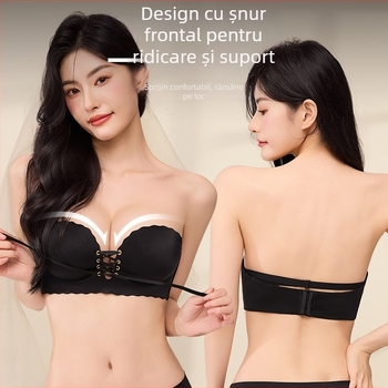 Sutien bandeau fără bretele, antiaderent, cupă 3/4, 8 cm pernă groasă, închidere spate cu trei rânduri de cârlige