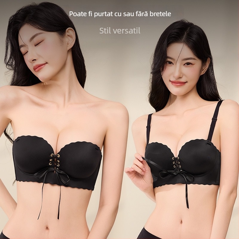 Sutien bandeau fără bretele, antiaderent, cupă 3/4, 8 cm pernă groasă, închidere spate cu trei rânduri de cârlige