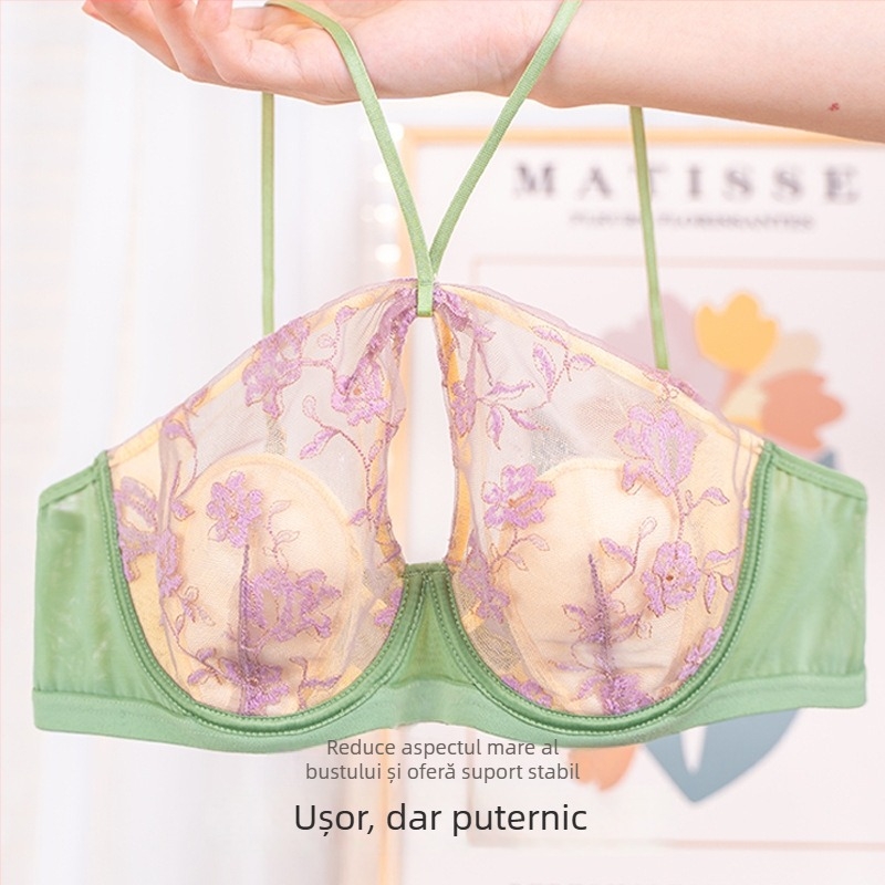 Sutien cu halter, cupe în formă de urechi de iepure, cupe subțiri, material principal: nailon, închidere spate cu trei rânduri de cârlige