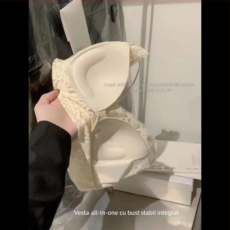 Bustier din dantelă din latex ultra-subțire, cupă modelatoare, bretele fixe duble, căptușeală dantelată, design spate