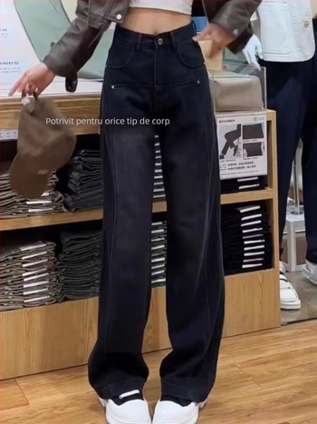 Jeansi cu căptușeală de fleece, talie înaltă, croială dreptă, denim cu micro-elasticitate, toamnă 2024, stil gotic urban