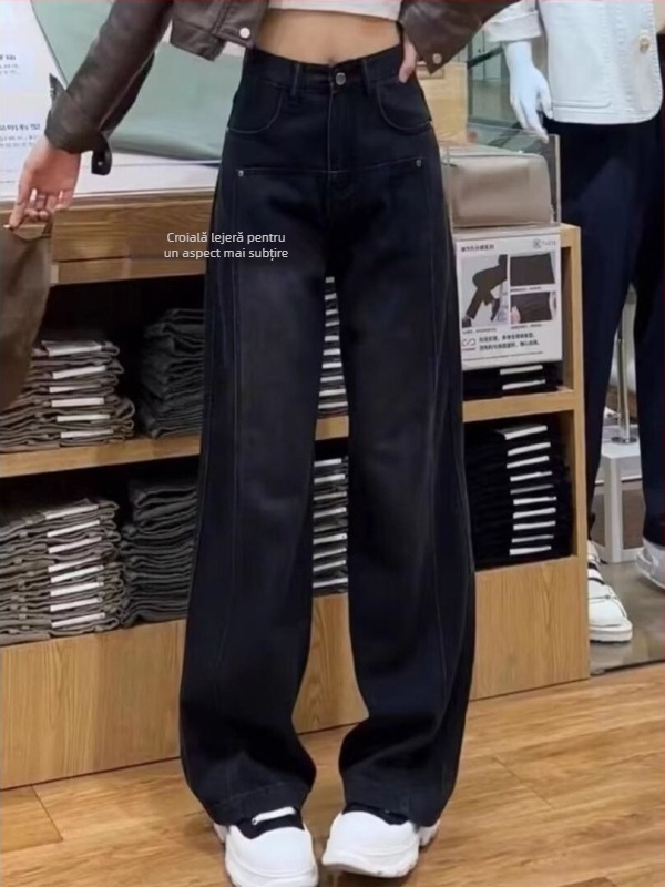 Jeansi cu căptușeală de fleece, talie înaltă, croială dreptă, denim cu micro-elasticitate, toamnă 2024, stil gotic urban