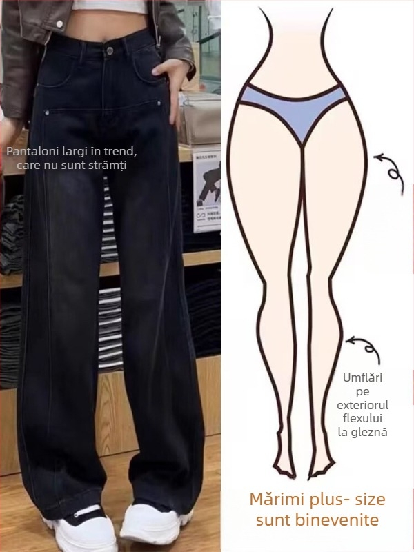 Jeansi cu căptușeală de fleece, talie înaltă, croială dreptă, denim cu micro-elasticitate, toamnă 2024, stil gotic urban