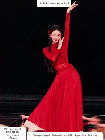 Costum de dans chinezesc pentru femei, cu finisaj reliefat și fustă cu poale late, material spandex 90–95% și bumbac organic 70–80%, lansare primăvară 2025