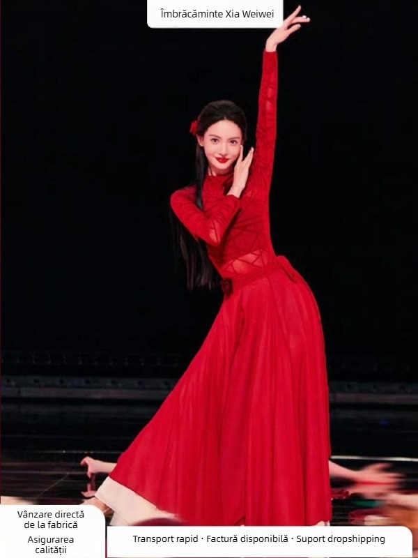 Costum de dans chinezesc pentru femei, cu finisaj reliefat și fustă cu poale late, material spandex 90–95% și bumbac organic 70–80%, lansare primăvară 2025