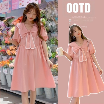 Rochie de maternitate de vară – lungime midi, croială A-line, poliester 95%+, guler păpușă, mâneci bufante, stil japonezo-coreean casual